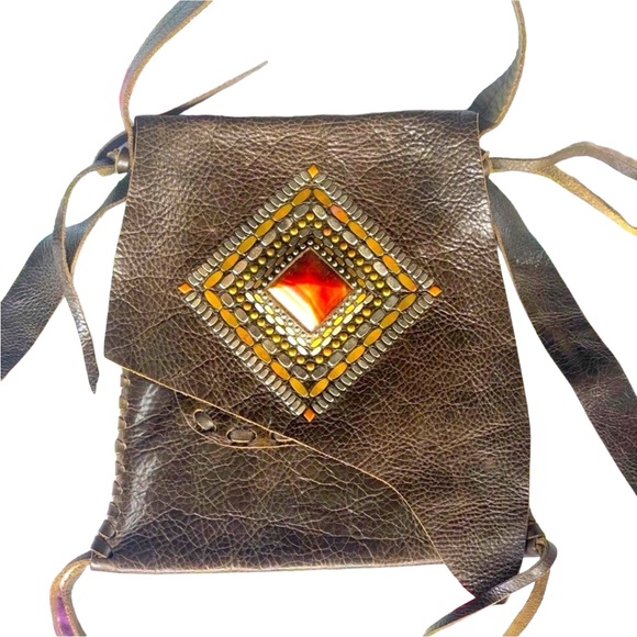 Calleen Cordero Joyti Metallic Khaki Messenger Bag with Carnelian Stone Studs - Picture 13 of 15